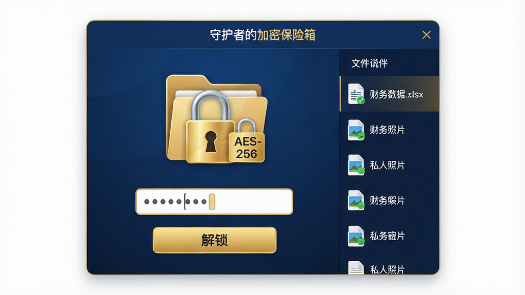 主体:USB闪存盘守护者的“加密保险箱”界面,显示一个上锁的文件夹图标和密码输入框;布局:中央是金色锁头与文件夹结合图标,下方是密码输入框和“解锁”按钮,右侧是加密文件列表;排版:简洁的弹窗式布局,密码输入框突出;风格:安全可靠感,深蓝色背景,金色点缀;细节:图标上有“AES-256”字样,密码输入框显示为圆点,文件列表中有“财务数据.xlsx”、“私人照片”等条目;画质:高清,干净,无多余元素