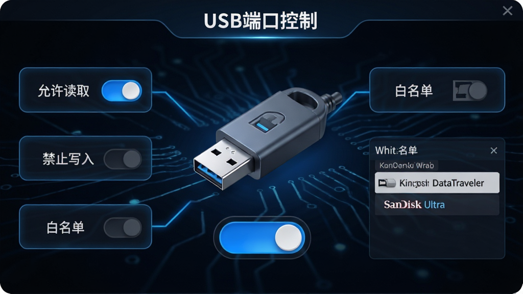 主体:USB闪存盘守护者的“USB端口控制”设置界面,显示一个USB接口图标和开关按钮;布局:中央是USB接口3D图示,周围环绕“允许读取”、“禁止写入”、“白名单”等设置选项;排版:图标与文字标签相结合,开关状态清晰;风格:科技感,深色背景,蓝色发光线条;细节:开关按钮为蓝色高亮状态,白名单列表中有“Kingston DataTraveler”和“SanDisk Ultra”两个设备名称;画质:高清,干净,无多余元素