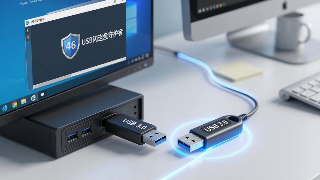 主体:USB闪存盘守护者软件运行在Windows桌面上,旁边有一个USB闪存盘插入电脑主机前置接口;布局:电脑屏幕显示软件主界面,U盘被蓝色光晕环绕,背景是干净的办公桌;排版:对角线构图,电脑与U盘形成视觉连线;风格:写实3D渲染,光线柔和;细节:屏幕中可以看到“USB闪存盘守护者”的盾牌图标,U盘上印有“USB 3.0”字样;画质:4K高清,干净,无多余元素