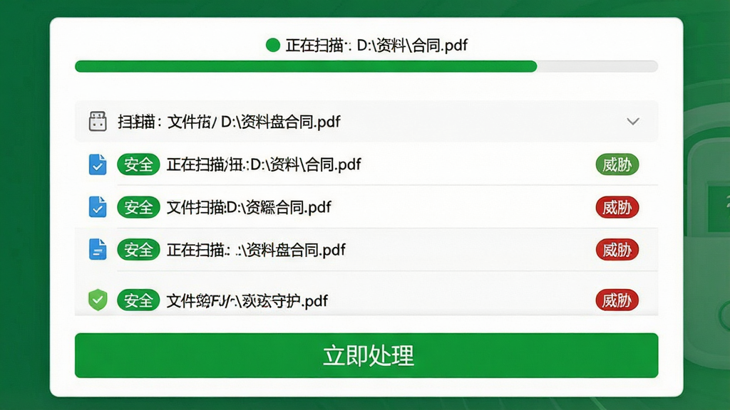 主体:USB闪存盘守护者正在进行U盘扫描,界面显示文件列表和扫描进度条;布局:扫描结果页面,上方是绿色进度条,中间是文件路径列表,下方是“立即处理”按钮;排版:清晰的列表式布局,状态图标醒目;风格:简洁商务风,绿色和白色为主;细节:扫描进度条显示“正在扫描:D:\资料\合同.pdf”,文件列表中有“安全”和“威胁”状态标签;画质:高清,干净,无多余元素