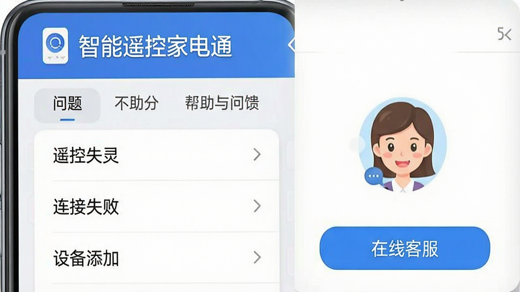 一张手机应用内“帮助与反馈”页面的截图,主体是常见问题列表和在线客服按钮。布局上页面简洁,顶部有“智能遥控家电通”Logo,下方是问题分类。排版上条目清晰,有“遥控失灵”、“连接失败”、“设备添加”等选项。风格为界面截图风,细节上客服头像友好,画质干净,无多余元素。