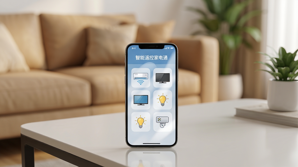 一张现代简约风格的室内场景图,主体是放在茶几上的一部智能手机,手机屏幕正显示着“智能遥控家电通”应用界面,界面中有空调、电视、灯光等多个设备图标。布局上手机位于画面中央偏下,背景是温馨的客厅环境,沙发和绿植虚化。排版上手机屏幕内容清晰可读,有“智能遥控家电通”字样。风格为写实产品渲染图,细节上屏幕有柔和反光,画质高清,整体画面干净整洁,无多余元素。