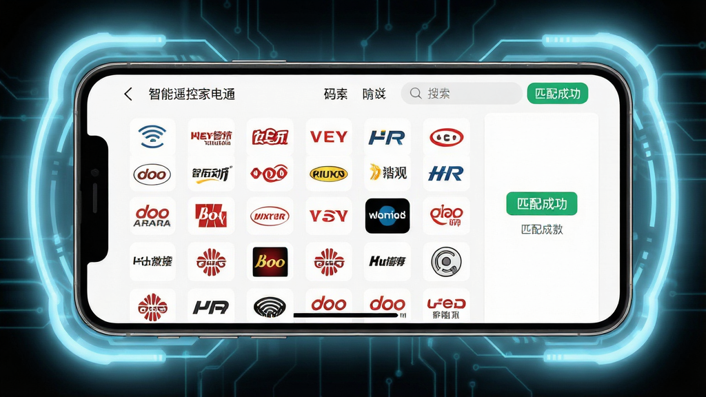 一张俯视角度的产品功能图,主体是“智能遥控家电通”APP的码库匹配界面,屏幕显示众多品牌Logo排列成矩阵。布局上手机横屏居中,四周有淡蓝色的科技感光效。排版上界面列表清晰,有搜索框和“匹配成功”字样。风格为UI界面展示,细节上品牌图标精致,画质锐利,整体干净无多余元素。