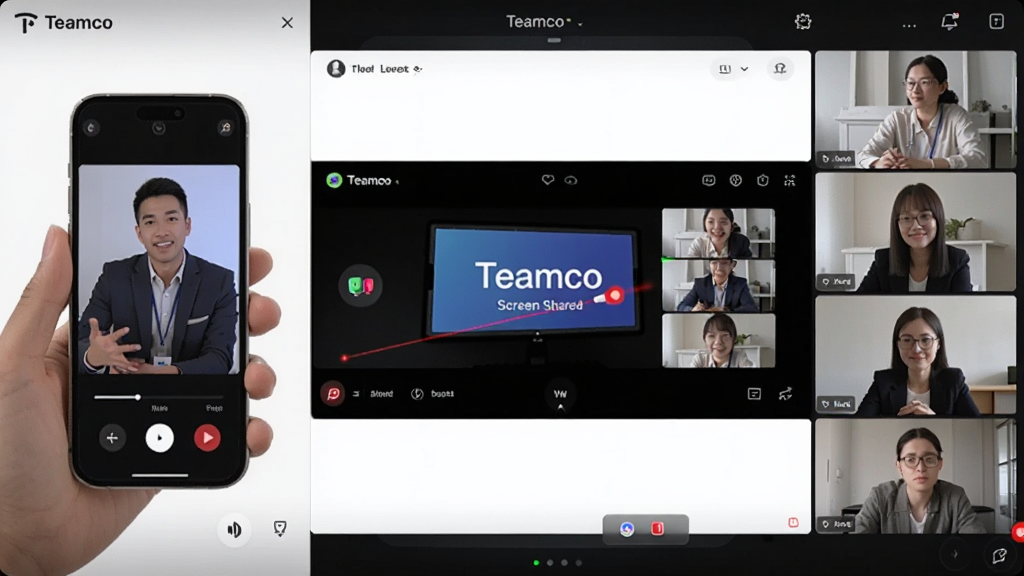 一张展示“Teamco”屏幕共享功能的界面截图,左侧是演讲者正在手机上进行操作演示,右侧显示多个参会者的小窗口,共享的屏幕内容清晰显示在中间,并有红色激光笔标注,界面简洁,科技感强