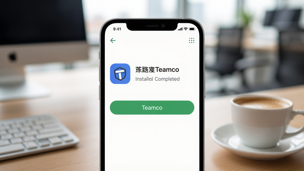 一张关于手机安装“Teamco”应用的截图,手机屏幕显示应用安装完成界面,背景是模糊的办公环境,旁边有一杯咖啡,画面强调移动办公场景,风格写实,光线明亮,画质清晰干净