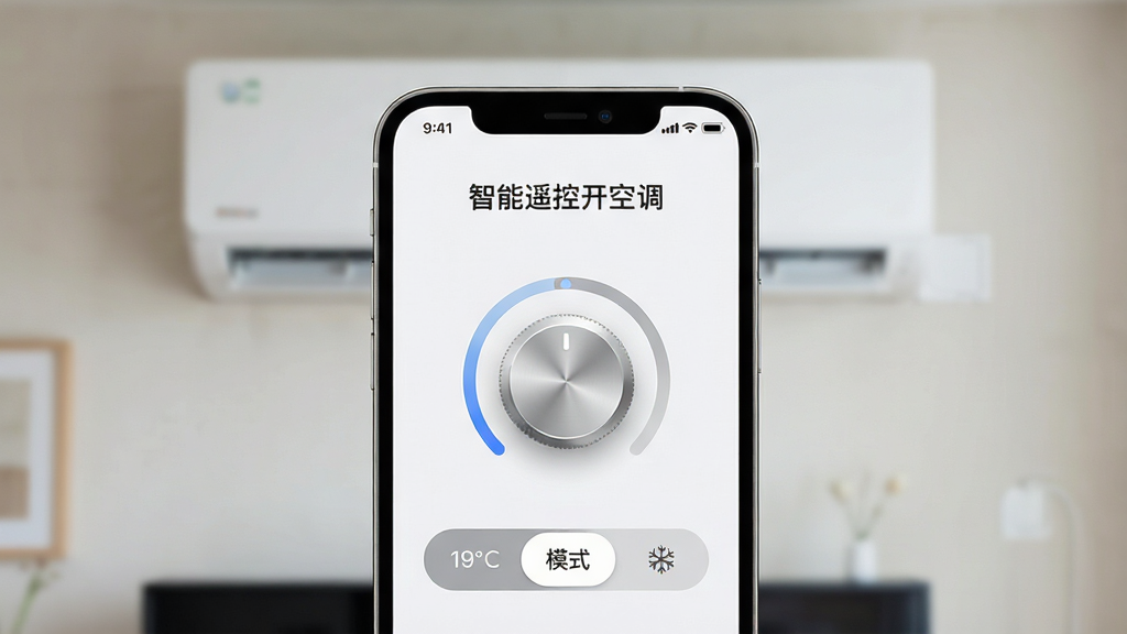 一张智能手机屏幕正中间显示“智能遥控开空调”APP界面特写,界面风格简洁现代,背景是模糊的客厅空调挂机,手机屏幕上有温度调节旋钮和模式切换按钮,布局居中,排版清爽,细节清晰,画质高清,干净,无多余元素