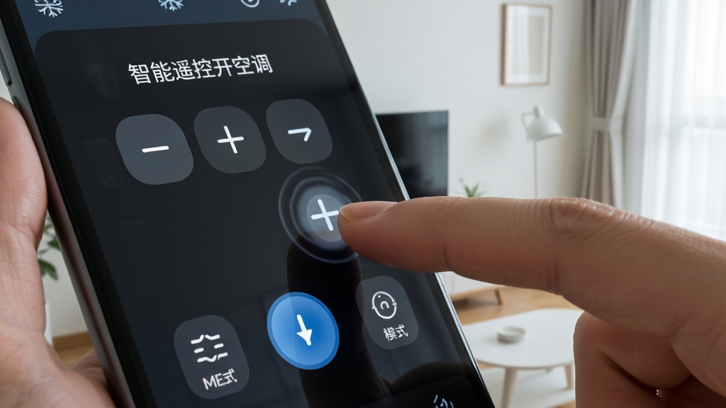 一张手指点击手机屏幕上“智能遥控开空调”APP内温度加减按钮的特写,屏幕下方有模式选择图标,背景为简约的室内环境,构图突出主体,细节展示触控反馈动画,画质细腻,干净,无多余元素