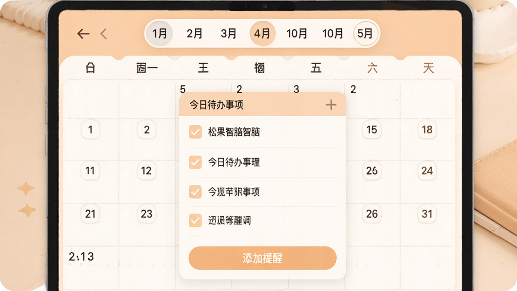 展示松果智脑个性化推荐与提醒功能的界面,画面以日历视图为主,上方有日期选择器,中间区域显示今日待办事项列表,每个事项前有复选框,底部有“添加提醒”按钮,整体色调为浅橙色,风格温馨,画质清晰,干净无多余元素
