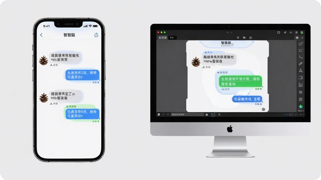 一张展示松果智脑在手机和电脑上同时运行的对比图,左侧是手机界面,右侧是电脑模拟器界面,两者均显示相同的对话内容,背景为浅灰色,整体风格科技感强,画质清晰,干净无多余元素
