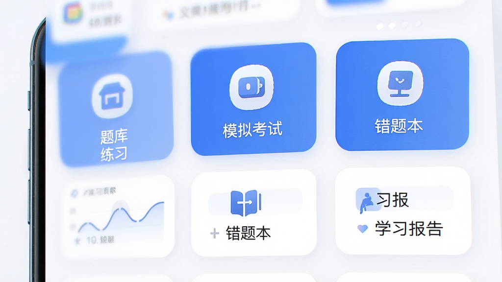 教练王者软件主界面预览图,展示首页功能模块布局,包含题库练习、模拟考试、错题本、学习报告等卡片式入口,整体采用蓝白配色,界面简洁清晰,图标圆润精致,手机竖屏展示,高画质,干净无多余元素