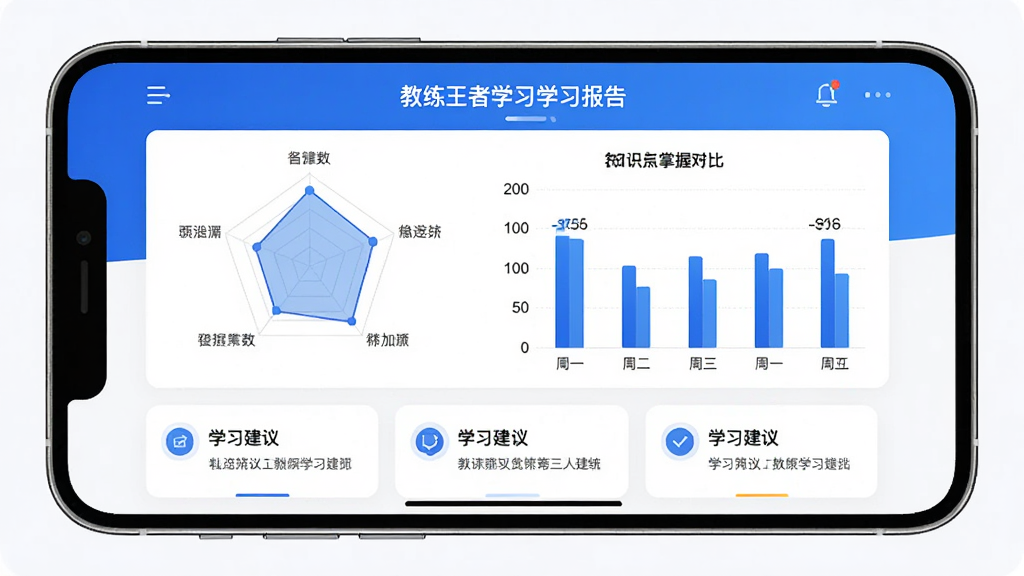 教练王者学习报告页面预览图,展示数据统计图表,包括雷达图、柱状图,显示各知识点掌握百分比,下方有学习建议卡片,整体设计现代,蓝白配色,手机截图风格,高画质,干净无多余元素