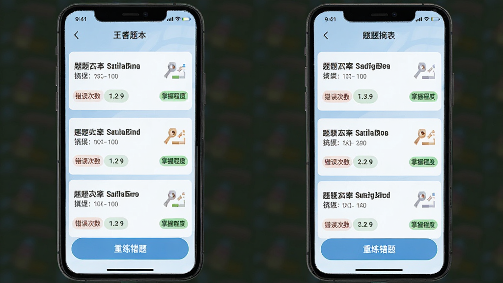 教练王者错题本界面预览图,展示错题列表,每条错题显示题目摘要、错误次数和掌握程度标签,底部有“重练错题”按钮,界面采用卡片式布局,浅蓝底色,手机界面,高画质,干净无多余元素