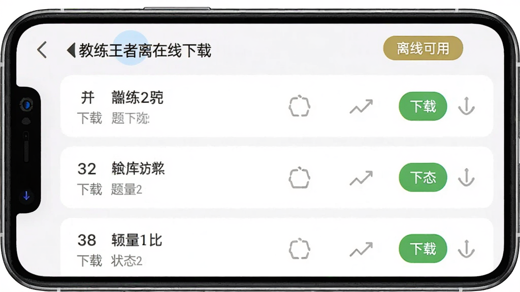 教练王者离线下载界面预览图,展示已下载题库列表,每个题库显示名称、题量和下载状态图标,页面有“离线可用”标签,背景为白色,界面简洁明了,手机竖屏展示,高画质,干净无多余元素