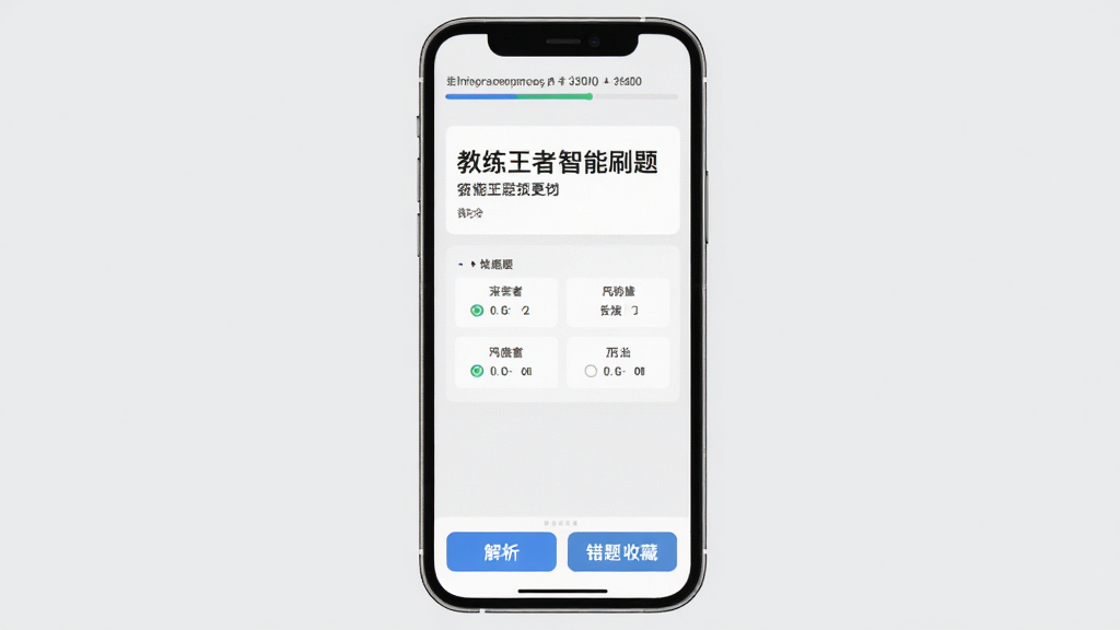 教练王者智能刷题界面预览图,展示答题页面,题目下方有选项按钮,页面顶部显示答题进度条,底部有解析按钮和错题收藏按钮,背景为浅灰色,手机界面风格,清晰展示文字内容,高画质,干净无多余元素