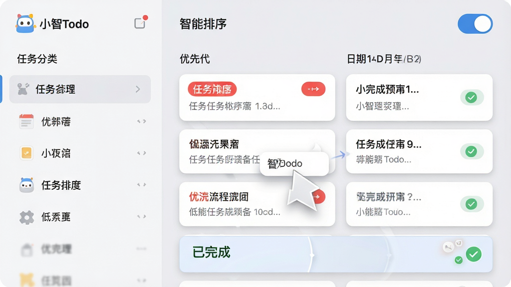 主体:“小智ToDo”应用内的任务智能排序功能预览。布局:左侧为任务分类栏,右侧为按优先级和日期自动排序的任务列表,顶部有“智能排序”开关。排版:任务卡片式排列,高优先级任务带有醒目的红色标签,低优先级为灰色。风格:干净整洁的UI设计,采用卡片阴影效果,背景为浅灰色。细节:展示一个任务被拖拽后,列表自动重新排序的动态感,同时有“已完成”任务归入底部的动效提示。画质:高清,界面元素细腻,无多余元素。