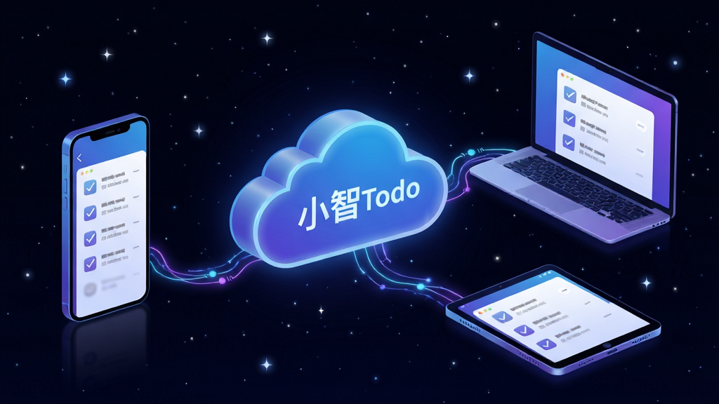 主体:“小智ToDo”跨设备同步功能概念图。布局:画面中央是一朵云,云朵分别连接着左侧的智能手机、右侧的笔记本电脑和平板电脑,三台设备屏幕上显示着相同的任务列表。排版:设备环绕云朵分布,之间用发光的线条连接表示数据流动。风格:科技感插画风格,以蓝色和紫色渐变为主色调。细节:每台设备屏幕上的任务列表都打勾同步,背景为深色星空,突出云同步的可靠与安全。画质:高分辨率,光影效果出色,干净,无多余元素。