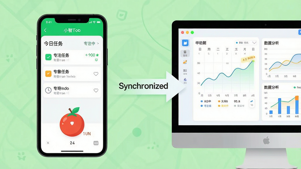主体:展示“小智ToDo”应用在手机和电脑上的不同使用场景。布局:左侧是手机端界面,显示简洁的今日任务列表和番茄钟计时器;右侧是电脑端界面,显示日历视图和数据分析图表。排版:左右分屏构图,中间用“Synchronized”字样和箭头连接。风格:现代扁平插画风,色彩明快,背景为浅绿色系。细节:手机界面有“专注中”的绿色状态栏,电脑屏幕上有折线图和数据统计。画质:清晰,无多余元素。