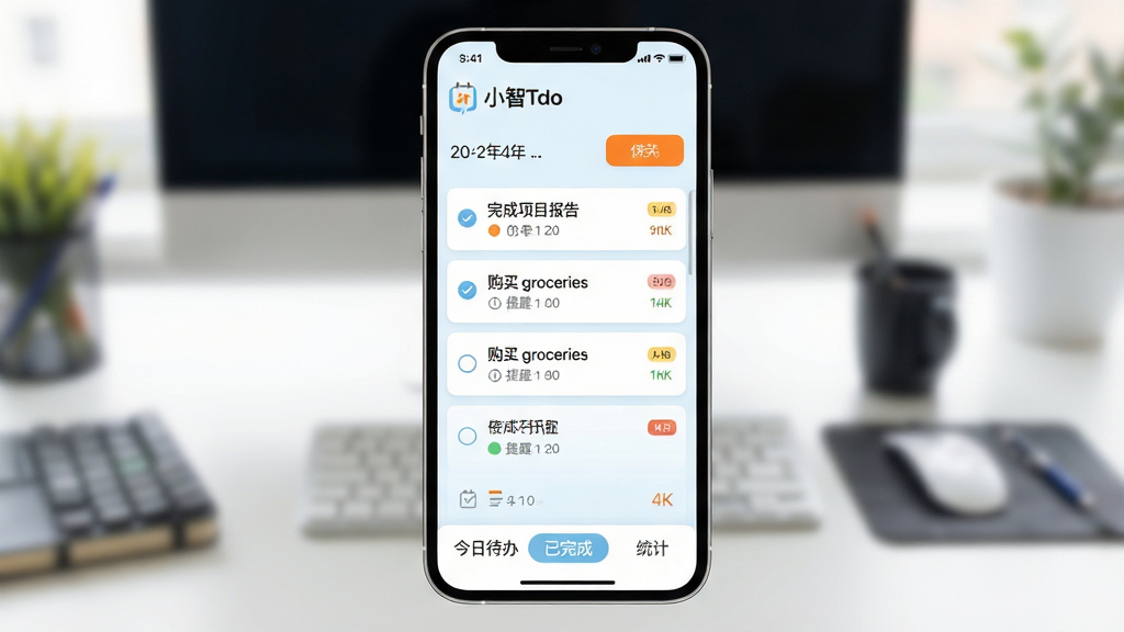 主体:一款名为“小智ToDo”的现代任务管理软件界面,在智能手机上显示。布局:手机屏幕中央展示清晰的任务列表,顶部有“小智ToDo”logo和日期,底部有今日待办、已完成、统计等标签。排版:简洁的列表式布局,任务项带有圆形复选框和优先级颜色标记。风格:扁平化设计,界面以白色和淡蓝色为主色调,搭配橙色高亮按钮,整体风格清新、专业。细节:屏幕中显示几个示例任务如“完成项目报告”、“购买 groceries”,并带有提醒时间图标,背景为虚化的办公桌场景。画质:4K超清,色彩明亮,干净,无多余元素。