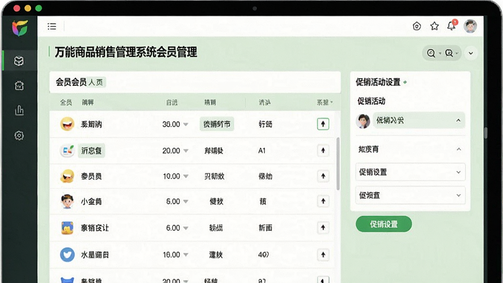 一张万能商品销售管理系统会员管理界面的图片,界面展示会员列表和促销活动设置选项,背景
为淡绿色,风格清新自然,整体布局合理,画质清晰,干净无多余元素。
