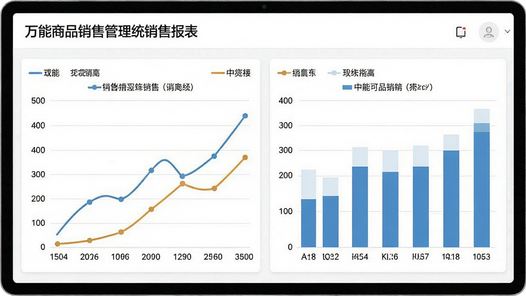 一幅万能商品销售管理系统销售报表的界面预览图,界面包含折线图和柱状图,背景为白色,
整体风格简约商务,细节丰富,画质清晰,干净无多余元素。