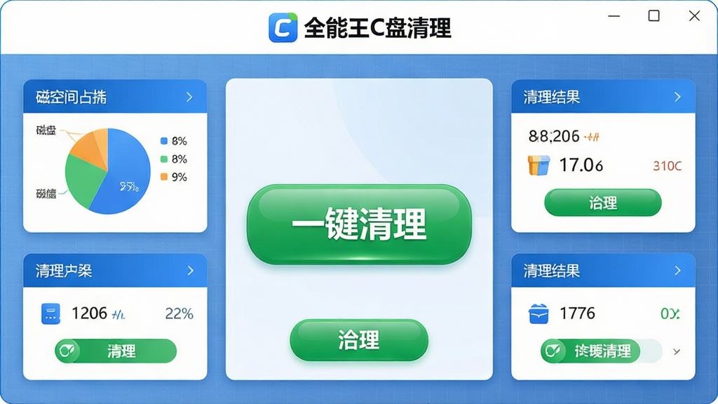 主体:全能王C盘清理软件主界面截图,中央显示“一键清理”大按钮,周围环绕磁盘空间占用图表、清理结果数据卡片。布局:界面居中对称,功能模块清晰排列,顶部为软件名称“全能王C盘清理”Logo。排版:现代扁平化设计,卡片式布局,色彩以蓝色和白色为主,点缀绿色清理按钮。风格:科技感、简洁明了。细节:按钮带有光泽质感,背景有轻微的网格纹理,文字标签清晰。画质:高清渲染,干净无冗余元素。