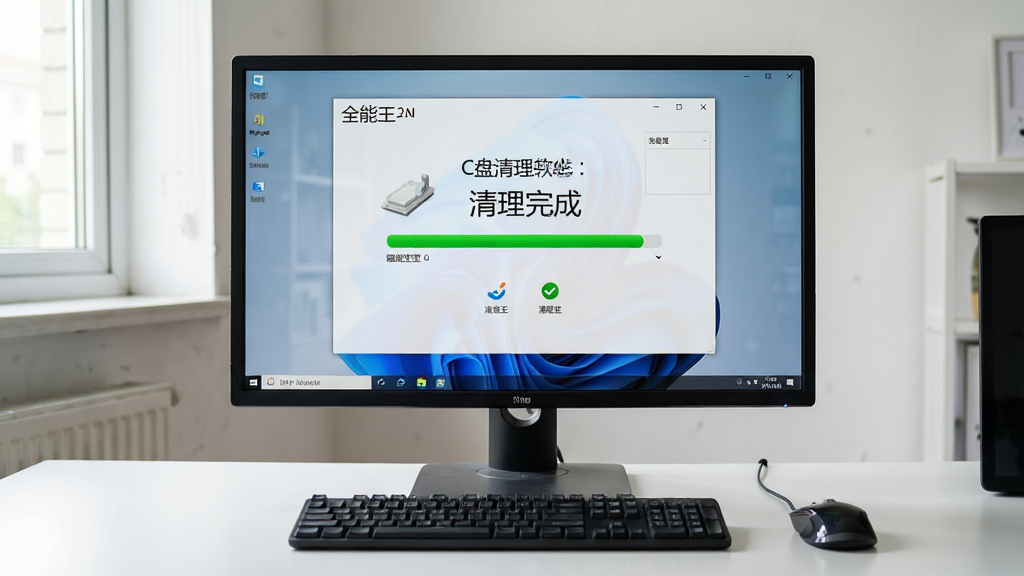 主体:全能王C盘清理软件在Windows电脑上运行的实拍场景,屏幕显示清理完成界面,磁盘空间进度条变为绿色。布局:电脑屏幕居中,周围有整洁的桌面环境。排版:屏幕内容清晰可见,突出“清理完成”字样。风格:真实摄影风格,光线自然。细节:键盘鼠标摆放整齐,屏幕反射轻微光线。画质:高清、干净、无多余元素。