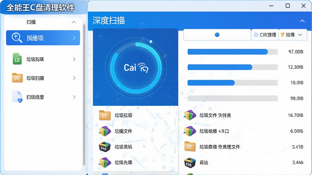 主体:全能王C盘清理软件的“深度扫描”功能界面,显示扫描进度圆环,下方列出各类垃圾文件分类及大小。布局:左侧为扫描选项列表,右侧为扫描结果明细。排版:数据列表采用条形图与数字结合,清晰直观。风格:科技蓝为主色调,搭配白色背景。细节:扫描按钮发光效果,文件类型图标各异。画质:高清、干净、无多余元素。