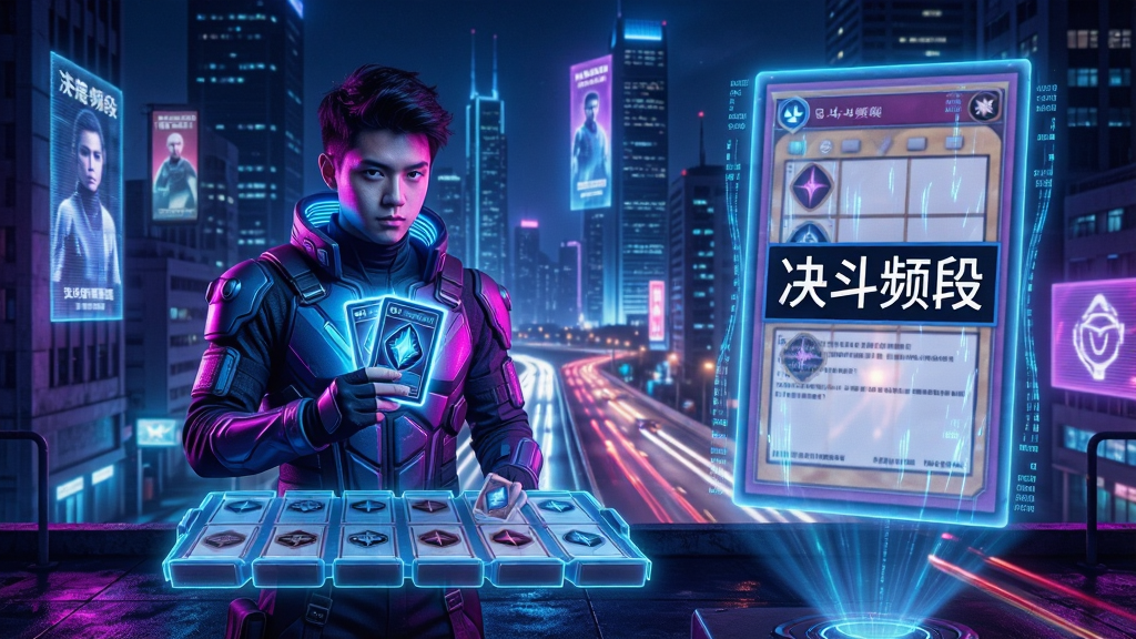 主体:一位身穿赛博朋克风格战衣的年轻决斗者,手持发光卡牌,站在霓虹闪烁的都市天台,面前悬浮着全息投影的决斗盘。布局:人物居中偏左,右侧留出空间展示巨大的全息卡牌虚影,背景是高楼林立的未来城市夜景,车流灯光拉出长曝光效果。排版:画面采用对称构图,人物与全息投影形成视觉平衡,卡牌上的“决斗频段”四个字清晰可见。风格:赛博朋克,高饱和霓虹色调,蓝紫与洋红主色,光影对比强烈。细节:卡牌边缘有流动的数据流,人物衣服纹理精细,背景有漂浮的广告牌全息影像。画质:8K超高清,细节丰富,干净,无多余元素。
