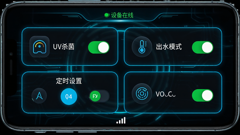 主体:手机界面展示VOOCOO蔚刻远程控制面板,包含UV杀菌开关、出水模式选择、定时设置等控件。布局:控制面板以卡片形式排列,每个功能模块带图标和文字说明。排版:左右对称,开关状态用绿色高亮显示。风格:科技感,深色背景搭配霓虹蓝光效。细节:屏幕上方显示“设备在线”状态,底部有信号强度图标。画质:超清,干净无多余元素。