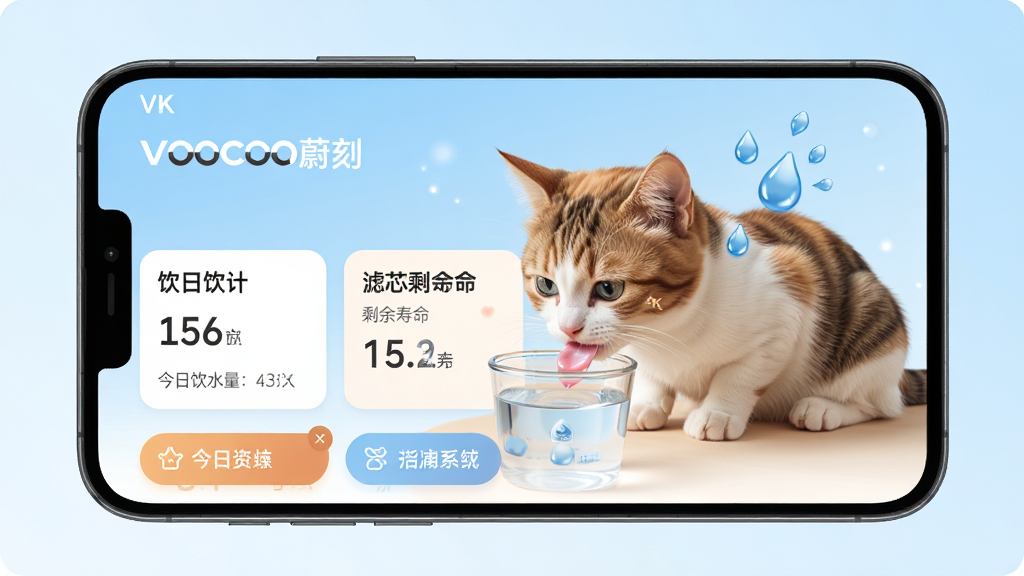 主体:一部智能手机屏幕显示VOOCOO蔚刻App主界面,界面中有一只可爱的猫咪正在喝水,旁边有水滴动态图标。布局:手机居中,背景为淡蓝色渐变,左上角有软件名称“VOOCOO蔚刻”字样,下方排列饮水统计卡片和功能按钮。排版:简洁现代,信息层级分明,卡片圆角设计。风格:清新自然,宠物主题,暖色调点缀。细节:屏幕中显示“今日饮水量”、“滤芯剩余寿命”等数据,猫咪毛发清晰可见。画质:4K高清,干净无多余元素。