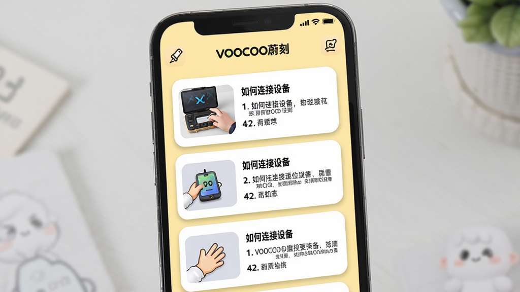 主体:一部手机显示VOOCOO蔚刻App的“使用指南”页面,包含图文教程列表,第一项为“如何连接设备”。布局:教程以卡片列表纵向排列,每张卡片有缩略图和标题。排版:清晰易读,标题加粗,步骤用数字标出。风格:教育风格,浅黄色背景,图标可爱。细节:屏幕顶部有“VOOCOO蔚刻”logo,教程卡片带圆角阴影。画质:高清,干净无多余元素。