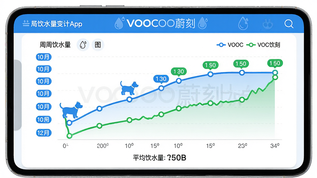 主体:VOOCOO蔚刻App的饮水统计图表界面,折线图显示一周饮水量变化,数据点标注清晰。布局:图表居中,左侧有日期标签,底部有平均饮水量数值。排版:数据可视化,图例使用蓝色和绿色区分不同宠物。风格:简约商务,白色背景,蓝色系为主。细节:图表上方有“VOOCOO蔚刻”水印,数据坐标轴刻度清晰。画质:高清渲染,干净无多余元素。