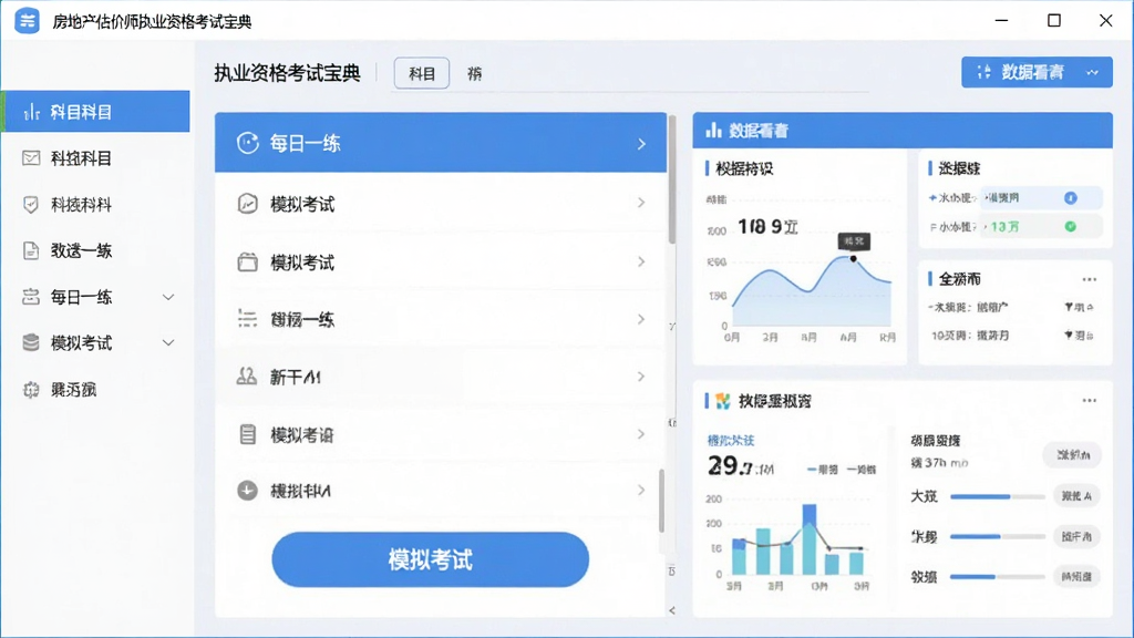 房地产估价师执业资格考试宝典主界面截图,展示软件首页包含科目列表、每日一练、模拟考试入口,左侧科目导航,右侧数据看板,整体色调蓝色与白色搭配,扁平化设计风格,界面干净清晰,画质细腻,无多余元素
