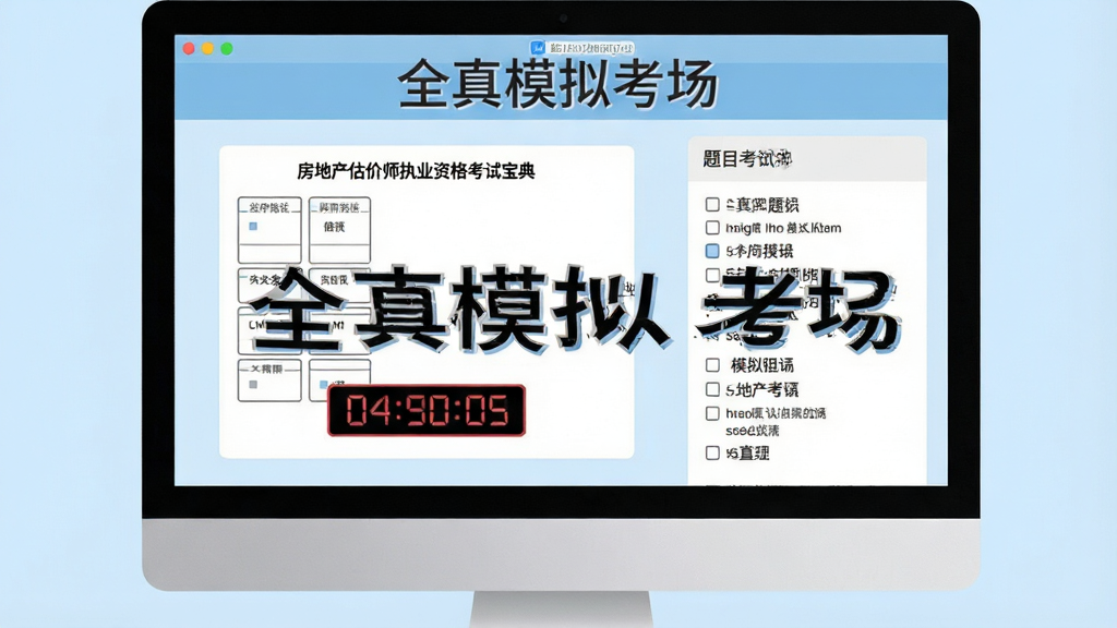 房地产估价师执业资格考试宝典模拟考试页面,电脑屏幕显示答题卡与倒计时,右侧有题目选项,背景为淡蓝色,界面布局清晰,文字