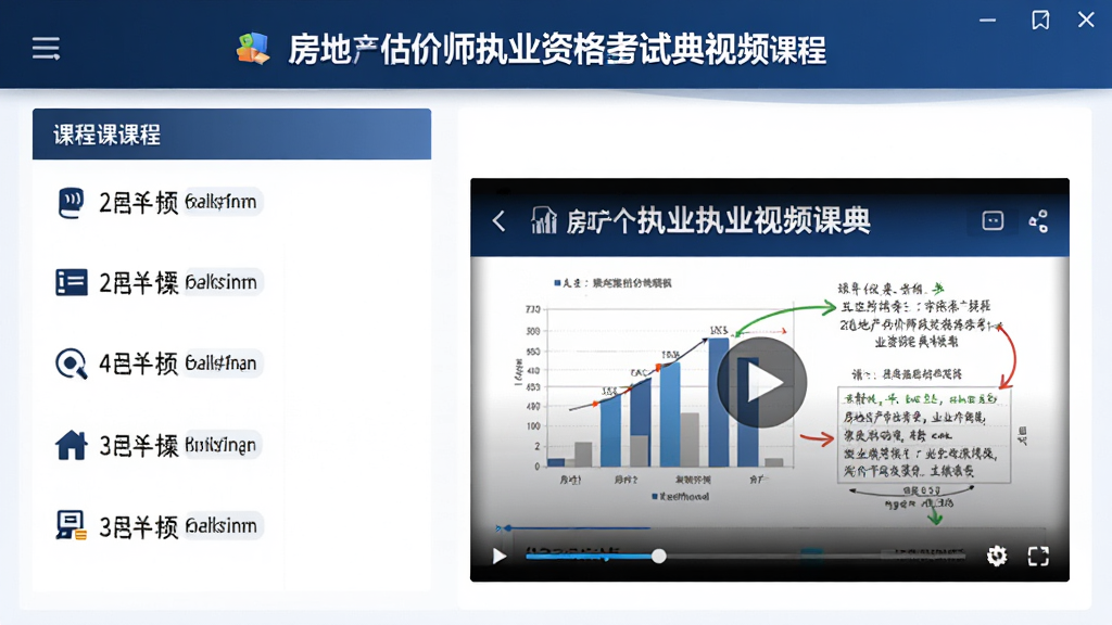 房地产估价师执业资格考试宝典视频课程页面,展示课程列表与播放窗口,课件内容有图表和标注,界面深蓝色主题,画质高清,布局规整,无多余元素