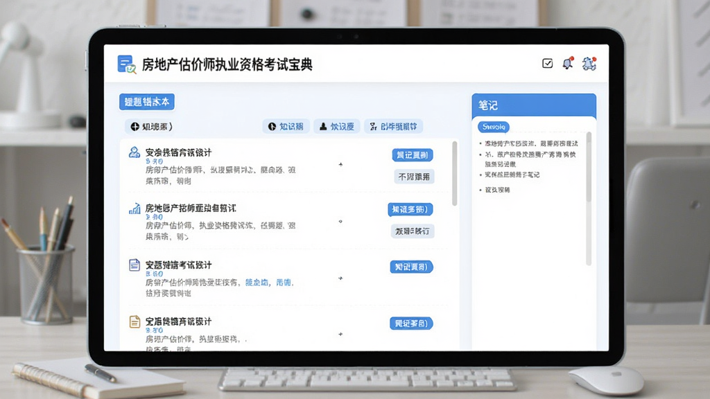 房地产估价师执业资格考试宝典错题本界面,展示错题列表与知识点标签,右侧有笔记区域,设计简洁,白色背景配蓝色点缀,扁平化风格,画质清晰,无多余元素