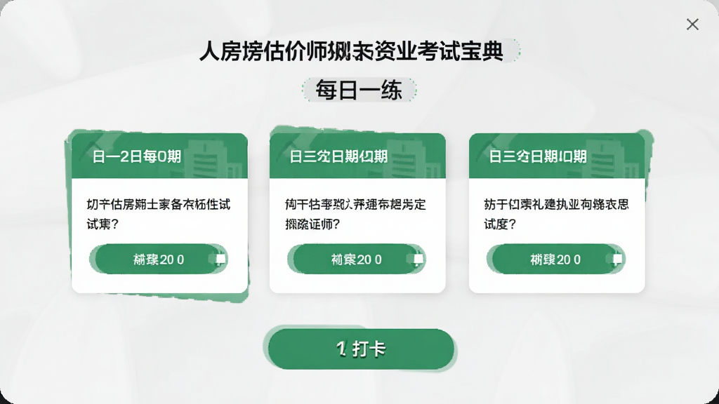 房地产估价师执业资格考试宝典每日一练页面,显示日期与题目卡片,底部有打卡按钮,背景为淡灰色,卡片式设计,绿色点缀,画质干净,无多余元素