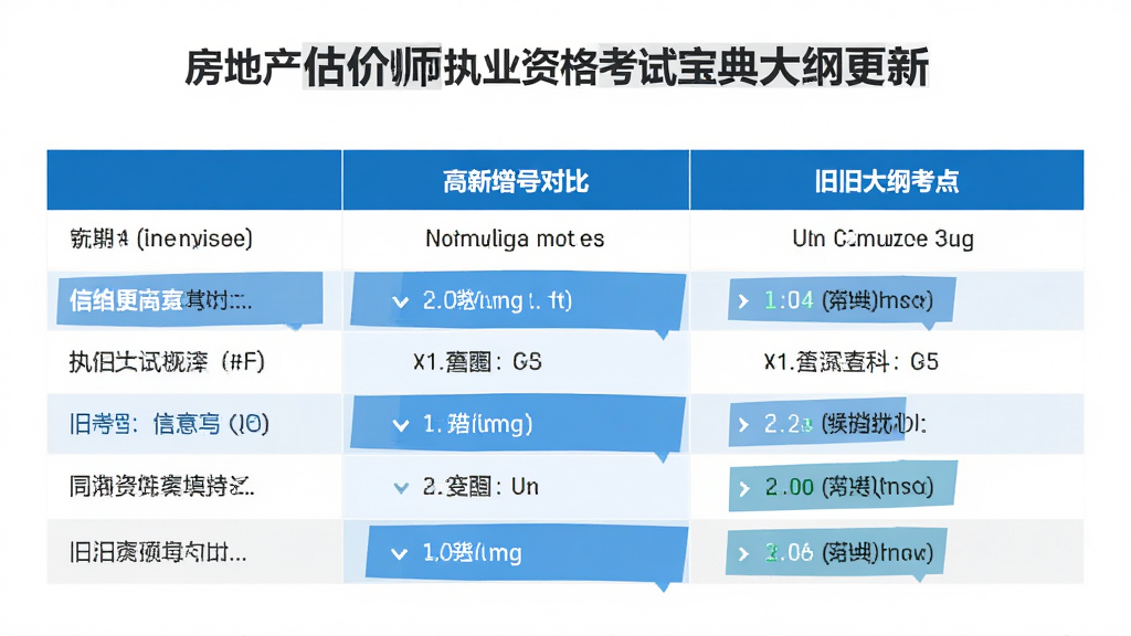 房地产估价师执业资格考试宝典大纲更新页面,显示新旧大纲对比表格,高亮新增考点,界面清晰,白色背景,蓝色高亮,扁平化风格,画质高清,无多余元素