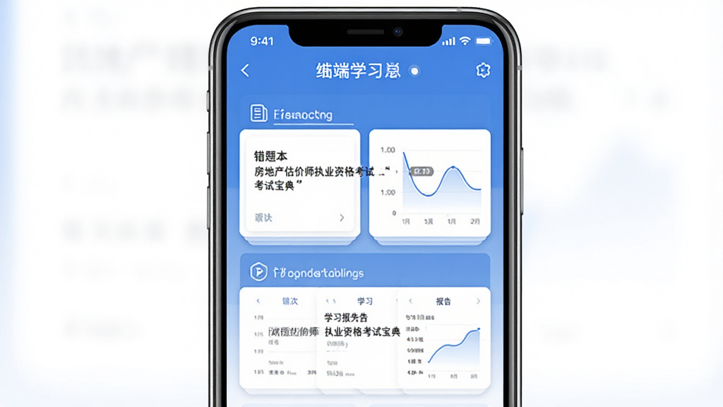 房地产估价师执业资格考试宝典手机端学习页面,展示错题本与学习报告,界面以蓝色为主,卡片式布局,画质清晰,干净无多余元素