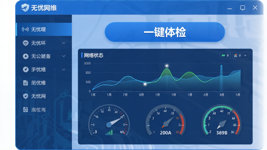 画面中央展示“无忧网维”软件主界面,界面以蓝色科技感为主色调,左侧功能列表清晰可见,右侧显示网络状态图表,上方有“一键体检”大按钮,整体布局简洁现代,扁平化设计风格,细节包括网络信号图标、速度仪表盘元素,画质高清干净,无多余元素。
