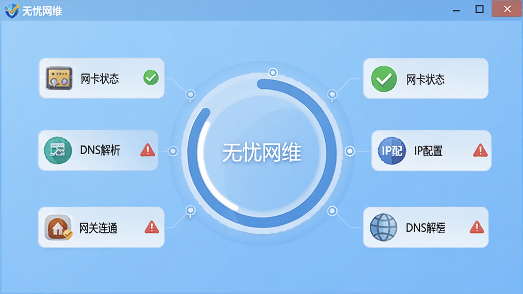 展示“无忧网维”软件运行网络体检时的界面,屏幕中央显示圆形进度环,周围分布多个检测项目图标,如“网卡状态”、“IP配置”、“DNS解析”、“网关连通”,每个图标旁有对勾或警告标志,背景为浅蓝色渐变,扁平化设计,细节丰富,画质干净,无多余元素。