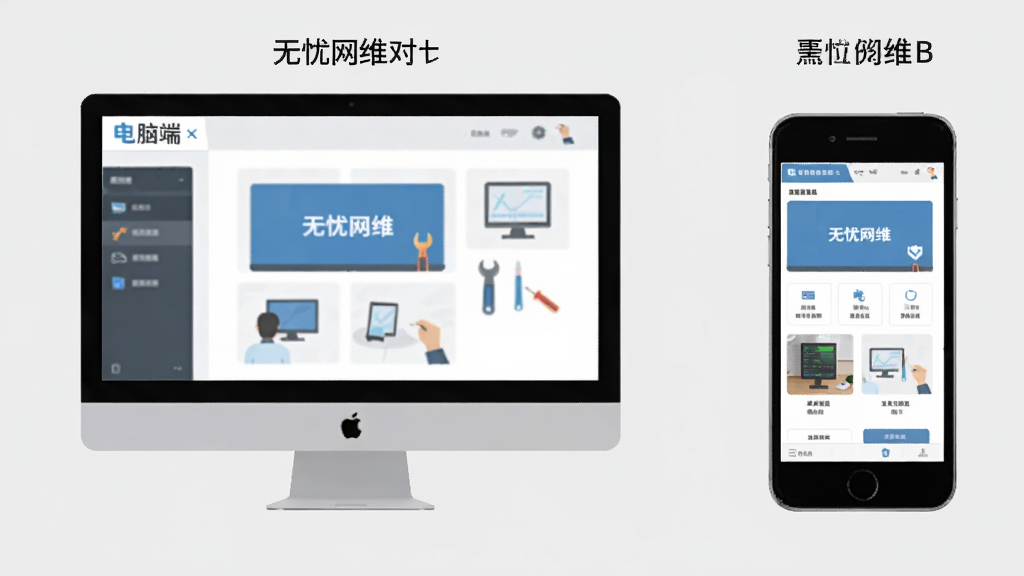 展示“无忧网维”在电脑和手机上的使用对比图,左侧是电脑端界面,右侧是手机端界面,背景为浅灰色,扁平化设计,界面元素清晰,整体干净,无多余元素。