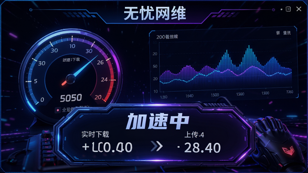 展示“无忧网维”网络加速功能界面,背景为动态的网速仪表盘和流量波形图,前景有“加速中”状态标识,显示实时下载和上传速度,设计风格偏向电竞感,蓝紫配色,细节丰富,画质高清,无多余元素。