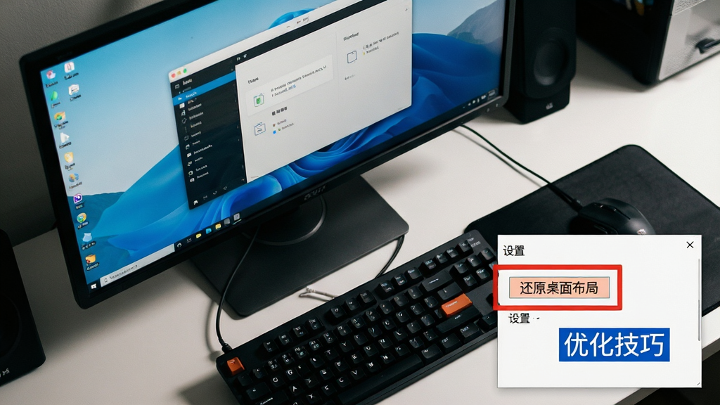 主体为一张电脑桌面的实拍场景,屏幕中显示桌面导航软件正在运行,右下角弹出一个“设置”面板,面板上用红色标注了“还原桌面布局”按钮和蓝色标注的“优化技巧”字样。布局为俯视45度角拍摄,突出键盘和鼠标。排版整洁,风格为真实的用户操作环境记录,细节注重光线和阴影,画质细腻,无多余杂物。