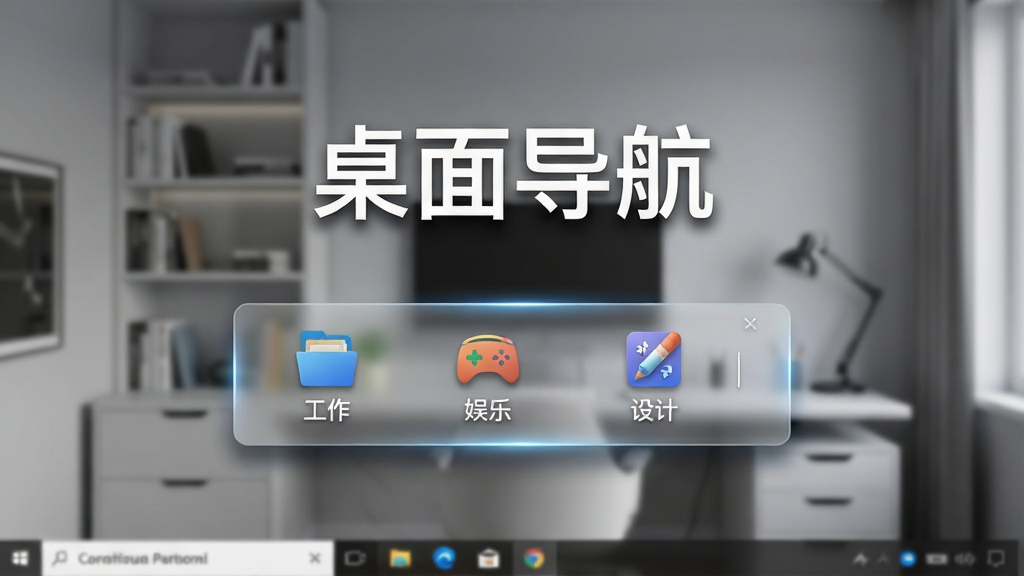 主体为软件主界面,展示一个整洁有序的Windows电脑桌面,屏幕中央悬浮着一个半透明的玻璃质感导航栏,导航栏上整齐排列着“工作”、“娱乐”、“设计”等多个分类图标,背景为虚化的现代简约风格书房。布局采用16:9宽屏构图,导航栏位于视觉中心偏下位置,上方留白显示“桌面导航”四个大字。排版清晰,图标间距均匀,风格为科技感与扁平化结合的现代UI设计,细节处有微光效和阴影,画质高清细腻,干净无多余元素。