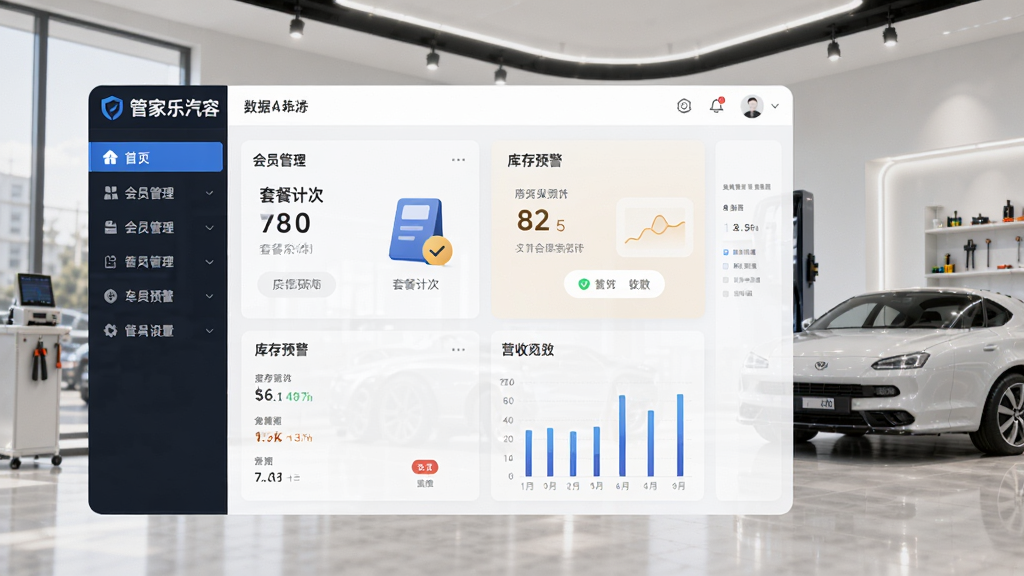 画面主体为一款名为“管家乐汽车美容连锁系统”的软件界面展示图,界面布局清晰,左侧功能导航栏,右侧数据看板,背景为现代简约的汽车美容店场景。排版采用16:9比例,风格为科技感UI设计,细节展示会员管理、套餐计次、库存预警、营收图表等模块,画质高清,干净整洁,无多余元素。