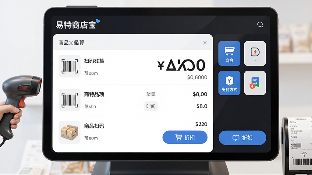 主体:“易特商店宝”收银界面,显示商品扫码列表与金额合计。布局:界面中央为结算区,右侧为支付方式图标。排版:简洁清晰,金额数字加大显示。风格:现代简约,科技感。细节:扫码枪、小票机、商品明细、折扣按钮。画质:高清,干净,无多余元素。