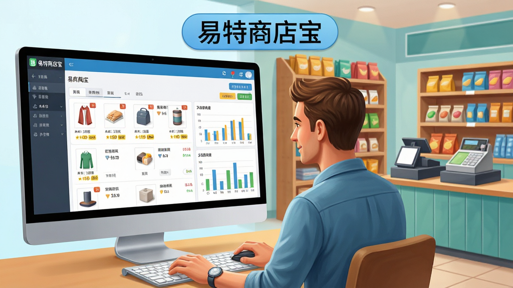 主体:电脑屏幕前一位店主正在使用“易特商店宝”管理店铺,界面显示商品列表与库存图表。布局:左侧为软件操作窗口,右侧为店铺实景,前后景层次分明。排版:左右分屏构图,文字标签“易特商店宝”置于屏幕上方居中。风格:写实商业插画,色彩明亮清晰。细节:软件界面包含商品图片、价格标签、库存数字,店铺中有货架与收银台。画质:4K高清,干净,无多余元素。