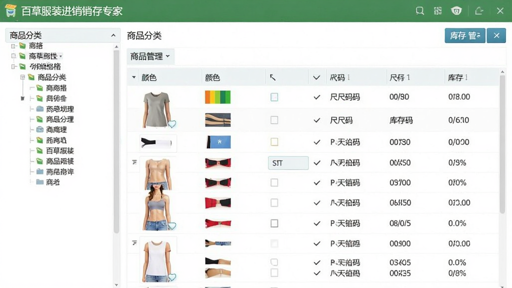 百草服装进销存专家商品管理界面截图,展示多规格商品列表,包含颜色尺码库存数量列,左侧为商品分类树,整体界面清晰美观,画质干净,无多余元素