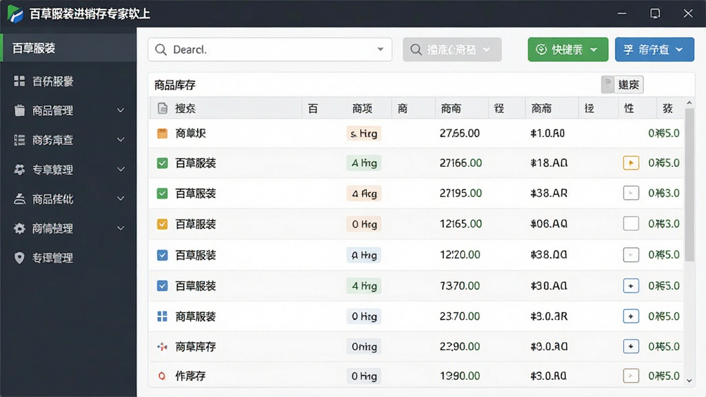 一张展示百草服装进销存专家软件主界面的高清截图,界面左侧为功能导航栏,右侧为商品库存列表,顶部为搜索与快捷操作按钮,整体布局简洁清晰,风格商务大气,细节丰富,画质干净,无多余元素